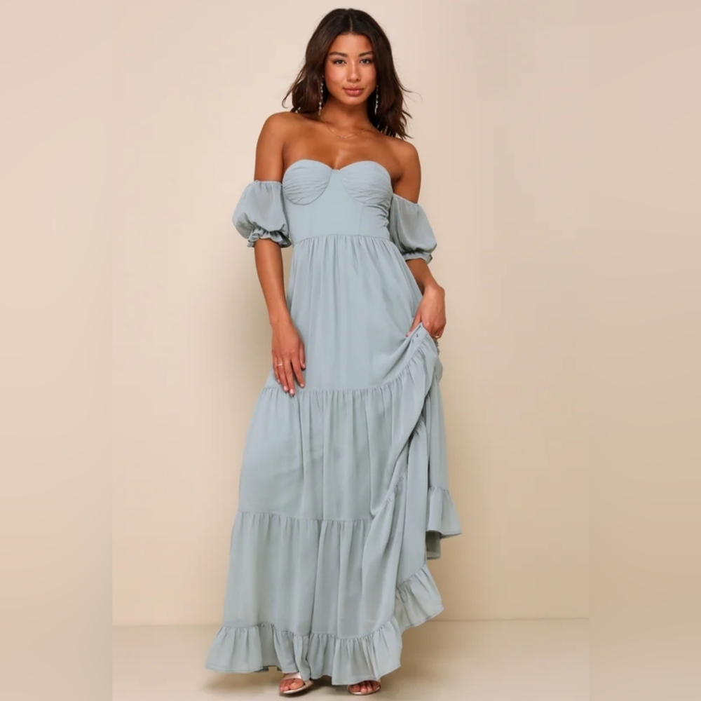 NWOT Lulu's Sage Chiffon Off The Shoulder Maxi Dress Size XL